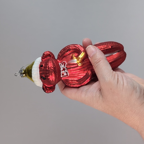 Red sock monkey glass holidays ornament - Picture 2 of 10